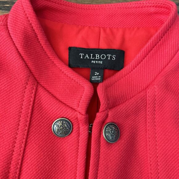 Talbots Womens Size 2 Petite Red Knit Twill Military Band Jacket Blazer Buttons - Picture 3 of 8
